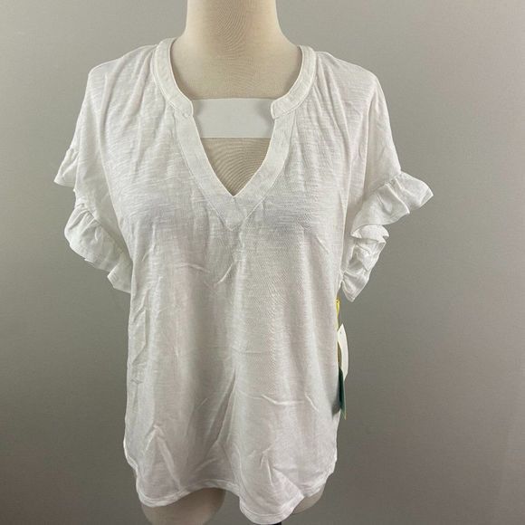 NWT CECE Ultra White‎ V Neck Ruffle Sleeve Tee (S) - Picture 2 of 7